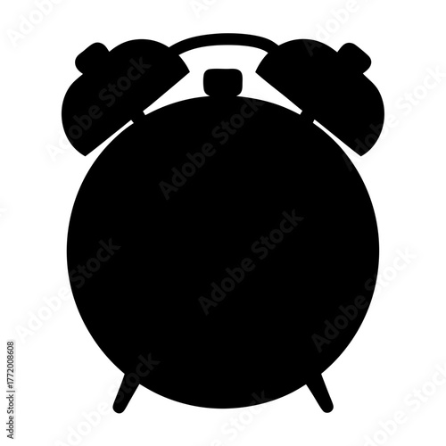 A simple black and white silhouette of a classic alarm clock design