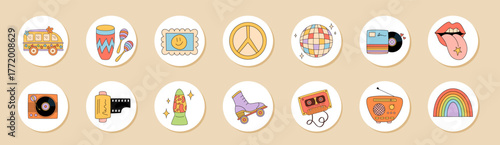 Retro funky music sticker set in colorful circle style with cassette, record and radio elements. Disco and groovy vibes, y2k details for package lid or seal, vibrant look for creative package.