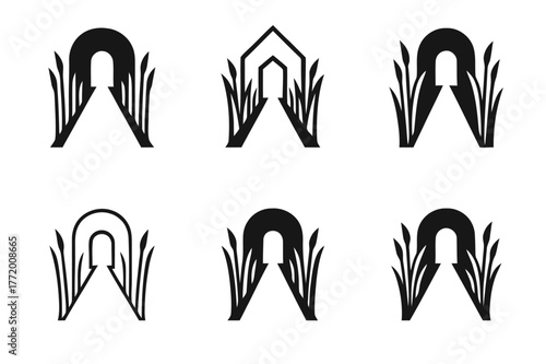 Whispering Corridor Logos. Whispering corridor. Set Logo of Whispering corridor: reed-lined walkway. harmonious logo variations of the same emblematic concept,