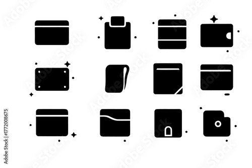 Minimalist Wallet Icons. Minimalist and slim designs. Solid icons set of minimalist and slim designs: slim card sleeve, pull-tab cardholder, elastic band