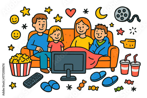 Colorful Family Movie Night. Family movie night. Colorful Hand-drawn doodle Children illustration Family movie night popcorn bowl, TV screen, couch, blanket,