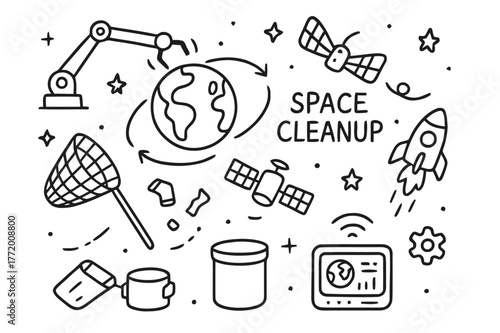 Space Debris Cleanup. Space cleanup. Hand-drawn doodle illustration space cleanup robot arm, net, satellite, collection pod, Earth, debris pieces, orbit