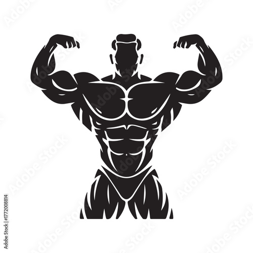 Powerful muscular bodybuilder flexing biceps silhouette illustration. Strong male athlete showing muscles, perfect for gym logo, fitness center branding, bodybuilding poster, or workout design.