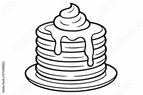 Pancake Coloring Page. Pancake stack with cream children?s coloring book illustration, outlined drawing, a tower of soft pancakes with a dollop of whipped
