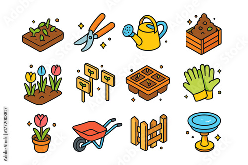 Spring Garden Icons. Seasonal garden awakening. Colorful isometric vector icons set of Seasonal garden awakening: garden bed sprouts, pruning shears, watering
