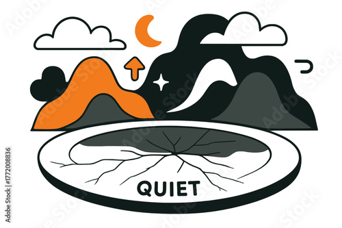 Serene Frozen Lake. Abstract Landscapes ? Frozen Lake. A smooth oval lake mirrors stacked shapes; thin cracks spider out like delicate lines. Word ?quiet?