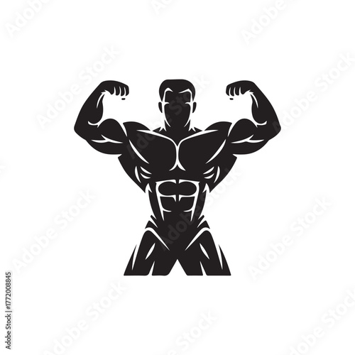 Powerful muscular bodybuilder flexing biceps silhouette illustration. Strong male athlete showing muscles, perfect for gym logo, fitness center branding, bodybuilding poster, or workout design.