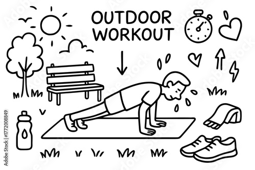 Outdoor Fitness Doodles. Outdoor workout. Hand-drawn doodle illustration outdoor workout park bench, grass, tree, push-up pose, mat, water bottle, sun, birds,