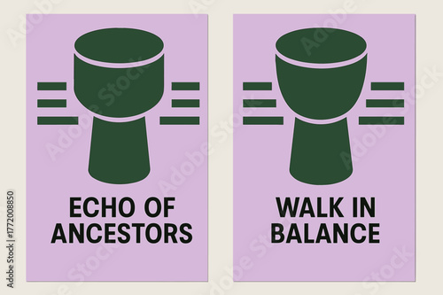 Ancestral Drum Banners. Ancestral Drum. Two vertical A6 banners with safe margins, centered composition, no elements touching edges, bauhaus, lavender and