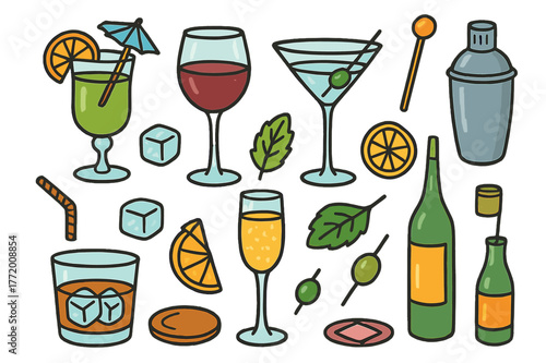 Elegant Beverage Icons. elegant beverages. Colorful Hand-drawn doodle Children illustration elegant beverages cocktail glass, wine glass, martini, whiskey