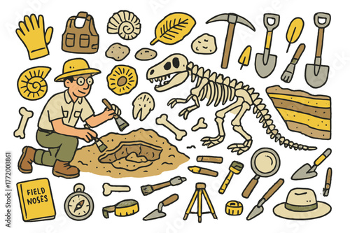 Paleontology Excavation Doodle. Unearthed fossils. Hand-drawn doodle illustration paleontologist (colored), dinosaur skeleton (colored), fossils (colored),