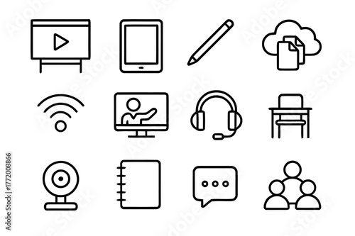 Digital Classroom Icons. Digital classrooms. Line icon set of digital classrooms: smartboard, tablet, stylus pen, cloud files, wifi signal, teacher screen,