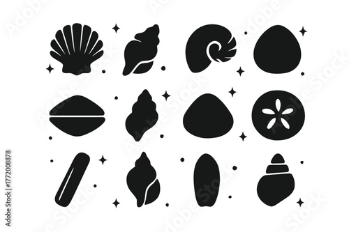 Minimalist Seashell Icons. Minimalist Seashell Silhouettes. Solid icons set of Minimalist Seashell Silhouettes: scallop silhouette, conch silhouette, nautilus