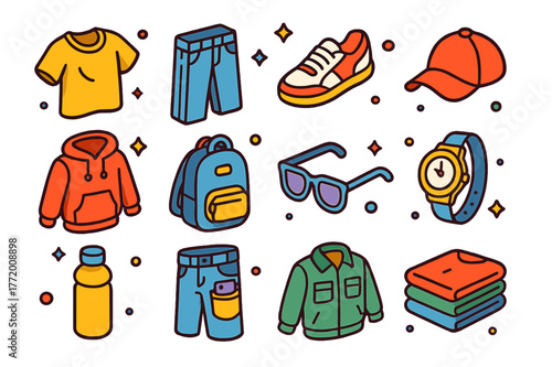 Casual Outfit Icons. Everyday casual outfits. Colorful isometric vector icons set of Everyday casual outfits: worn T-shirt, denim jeans, sneakers, baseball