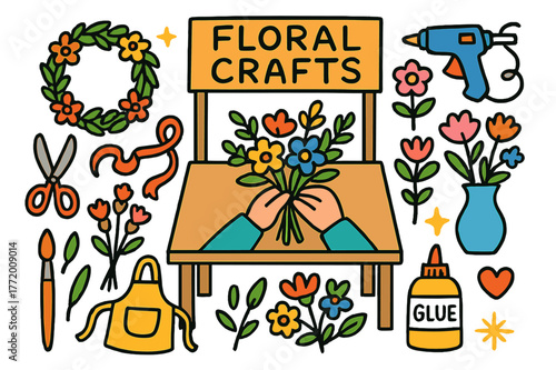 Floral Crafts Extravaganza. Floral crafts booth. Colorful Hand-drawn doodle Children illustration Floral crafts booth wreath, scissors, ribbon, glue gun, dried
