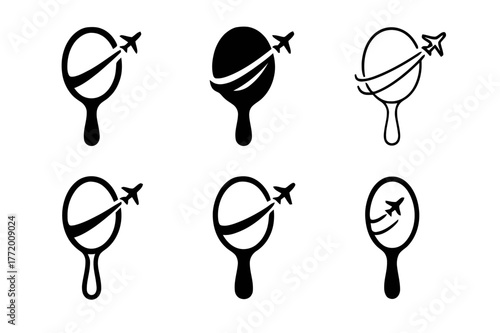 Cosmetic Travel Logos. Cosmetic surgery travel. Set Logo of Cosmetic surgery travel: mirror with plane trail. harmonious logo variations of the same emblematic