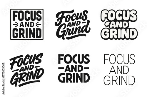 Creative Typography Grid. Focus and Grind. Set lettering. harmonious lettering variations of the same emblematic concept, each with different
