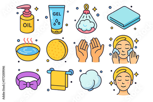 Face Cleansing Essentials. Face cleansing essentials. Colorful isometric vector icons set of Face cleansing essentials: cleansing oil, gel cleanser, foaming