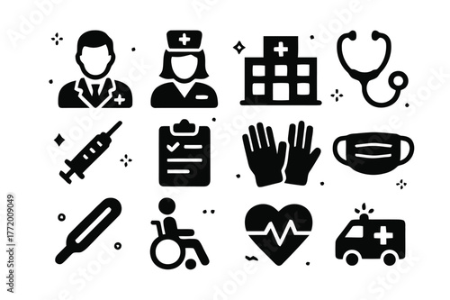 Hospital Icons Set. Hospital Staff. Solid icons set of Hospital Staff: doctor, nurse, hospital building, stethoscope, syringe, clipboard, gloves, medical mask,