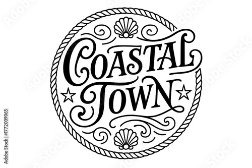 Coastal Ornamental Design. Coastal Town ? flourished classic ornamental lettering; medium-weight strokes with elegant swashes and balanced curls; circular