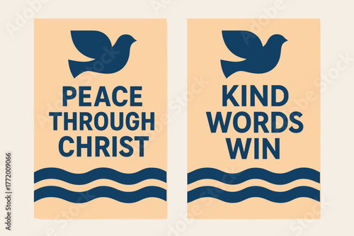 Christ's Peace Banners. Peace of Christ. Two vertical A6 banners with safe margins, centered composition, no elements touching edges, geometric, indigo and