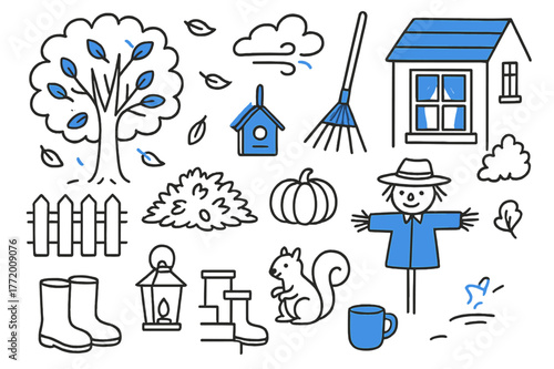 Autumn Yard Doodle. // Autumn yard. Hand-drawn doodle illustration Autumn yard [tree with falling leaves (accented), rake (accented), leaf pile, pumpkin,