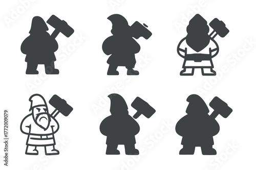 Dwarf Hammer Emblem Set. fairy-tale creatures. Set Logo of fairy-tale creatures: Dwarf hammer emblem. Icon set. harmonious logo variations of the