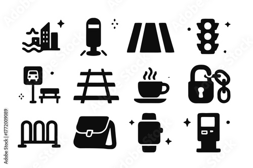 Cycling Commute Essentials. Coastal city cycling commute. Solid icons set of Coastal city cycling commute: city skyline, bike lane bollard, crosswalk, traffic