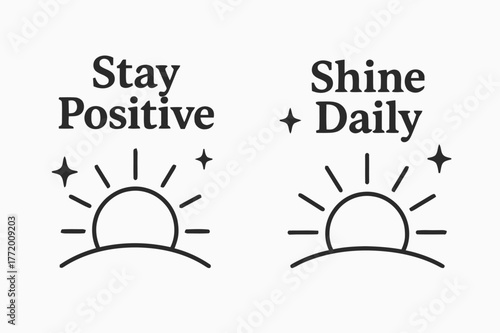 Stay Positive, Shine Daily. Positivity. Two vertical A6 banners with safe margins, centered composition, no elements touching edges, flat vector design, black