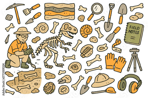 Dino Dig Essentials. Ancient bones. Hand-drawn doodle illustration paleontologist (colored), dinosaur skeleton (colored), fossils (colored), excavation tools