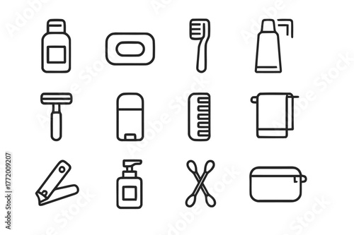 Universal Toiletry Icons. Universal Toiletries. Line icon set of universal toiletries: shampoo bottle, soap bar, toothbrush, toothpaste, safety