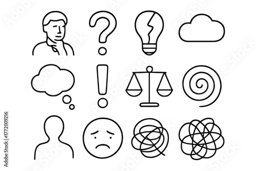 Self-Doubt Icon Set. Self-doubt. Line icon set of self-doubt: person thinking, question mark, broken light bulb, cloud, thought bubble, exclamation mark,
