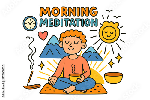Morning Meditation Bliss. Morning meditation. Colorful Hand-drawn doodle Children illustration Morning meditation sitting person, sun rays, closed eyes, calm