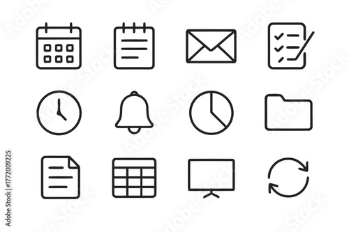 Productivity Icons Collection. Productivity Apps. Line icon set of Productivity Apps: calendar, notes, email, task checklist, clock, reminder bell, pie chart,