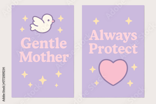 Gentle Mother's Care. Tender Care. Two vertical A6 banners with safe margins, centered composition, no elements touching edges, kawaii, lavender and baby pink,