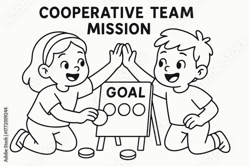 Teamwork Coloring Fun. Cooperative team mission children?s coloring book illustration, outlined drawing, two kids high-fiving while moving matching tokens onto