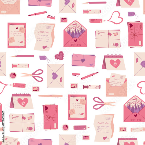 Seamless love mail flat background with heart envelope, postcard, card, and note pattern. Romantic mail pattern with message and love detail, perfect for holiday greeting or Valentine stationery
