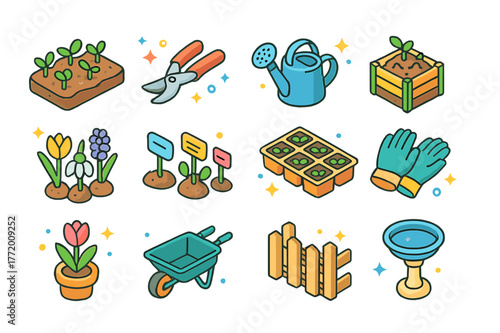 Seasonal Garden Icons. Seasonal garden awakening. Colorful isometric vector icons set of Seasonal garden awakening: garden bed sprouts, pruning shears,