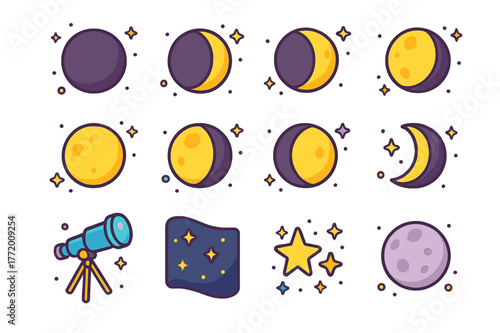Lunar Phases Icons. Phases observation. Colorful isometric vector icons set of phases observation: new moon, waxing crescent, first quarter, waxing gibbous,