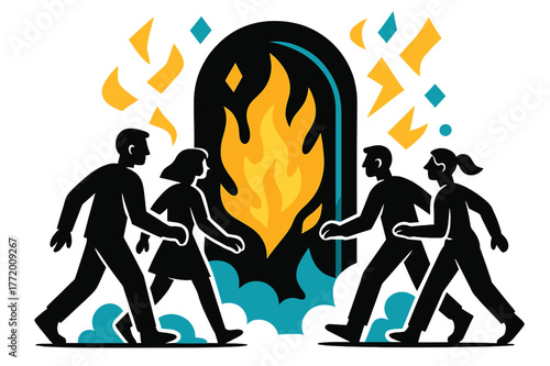 Silhouettes at Fiery Gates. Figures Walking Towards Fiery Gates. Close-up of silhouettes walking toward glowing fiery gates with floating abstract geometric