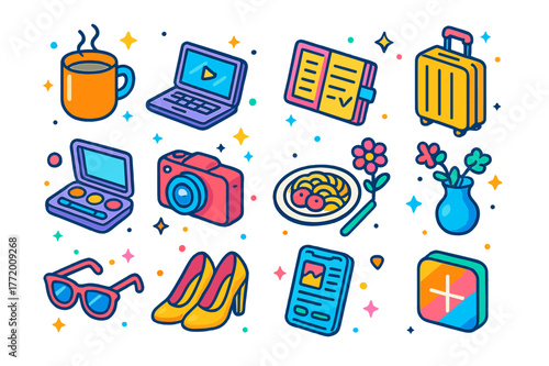 Lifestyle Blogger Essentials. Lifestyle blogger. Colorful isometric vector icons set of lifestyle blogger: coffee mug, laptop, planner, travel suitcase, makeup