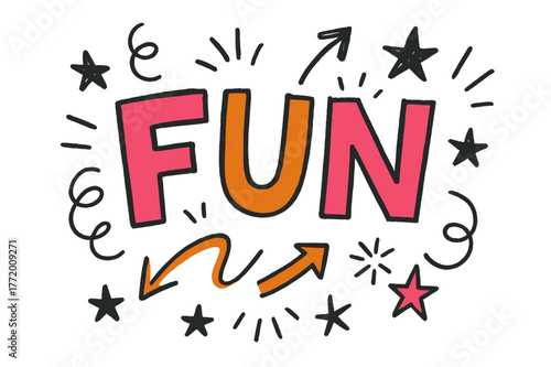 Playful Doodle Fun. Doodle / Sketch style with playful hand-drawn letters, rough sketch outlines, arrows, stars, casual youthful layout, colored lettering, no