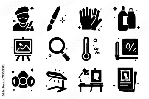 Art Restoration Icons. Art preservation. Solid icons set of art preservation: art restorer, paintbrush, cotton gloves, cleaning tools, restoration easel,