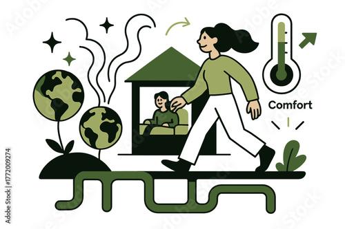 Cozy Geothermal Home. Geothermal heating & power. Steam curls from earth-shaped vents into a cozy home; a thermometer slides to ?Comfort?. Pipes snake like