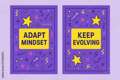 Adapt Mindset Banners. Adapt mindset. Two vertical A6 banners with safe margins, centered composition, no elements touching edges, memphis, purple and yellow,