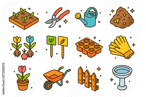 Seasonal Garden Icons. Seasonal garden awakening. Colorful isometric vector icons set of Seasonal garden awakening: garden bed sprouts, pruning shears,