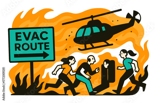 Wildfire Emergency Evacuation. Wildfire Evacuation. Heat shimmer bends into saffron waves; rotors kick ash while silhouettes board fast. A bold ?EVAC ROUTE?