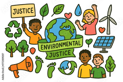 Green Earth Doodles. Environmental justice. Colorful Hand-drawn doodle Children illustration Environmental justice green earth, recycle arrows, protest sign,