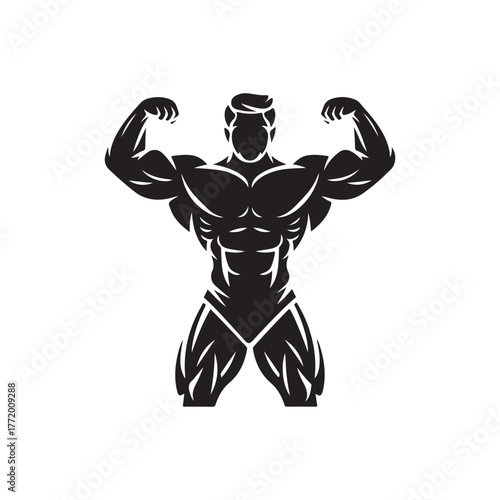 Powerful muscular bodybuilder flexing biceps silhouette illustration. Strong male athlete showing muscles, perfect for gym logo, fitness center branding, bodybuilding poster, or workout design.