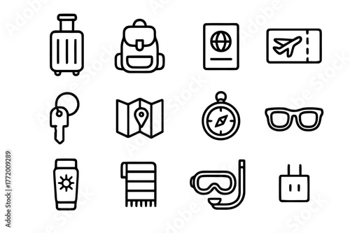 Travel Icons Display. travel accessories display. Line icon set of travel accessories display: suitcase, backpack, passport, plane ticket, hotel key, map,